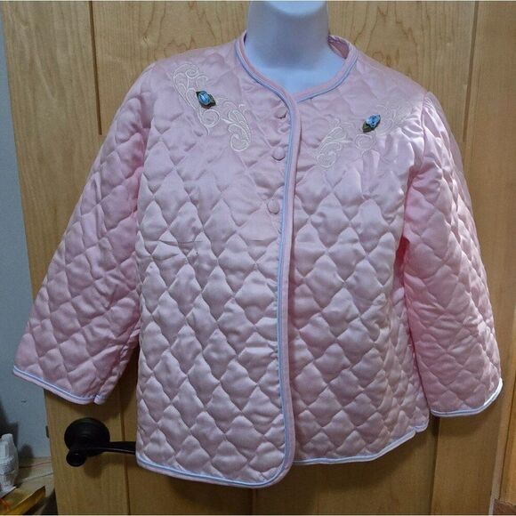 Vintage Appel Quilted Pink Satin Robe Jacket With Floral Embroidery & Buttons - Picture 2 of 9